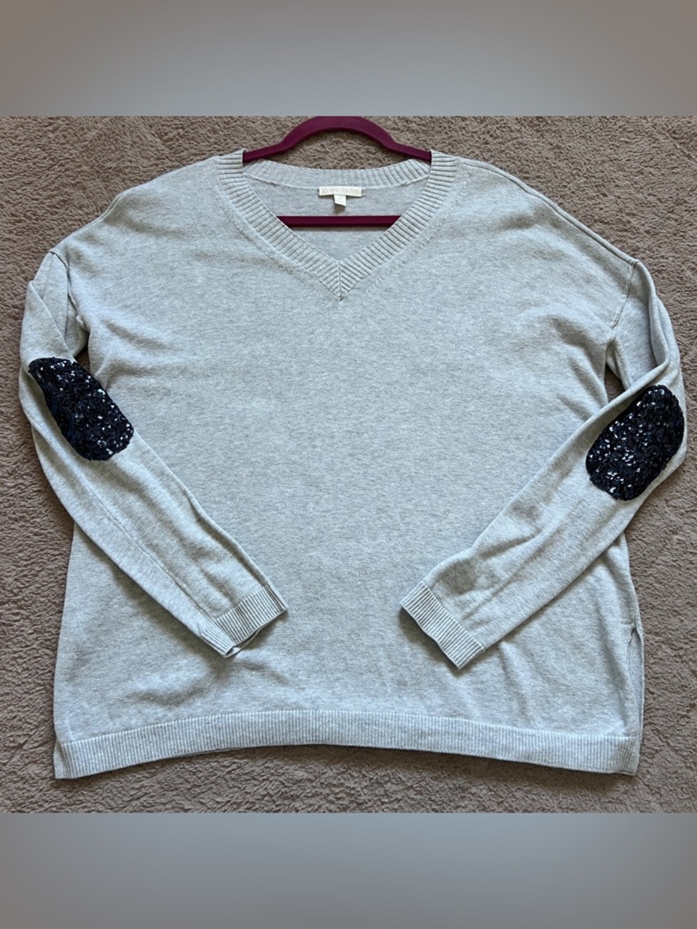 Lisa Todd V-Neck Cotton Sequin Elbow Sweater Preppy Minimalist Old Money Size S